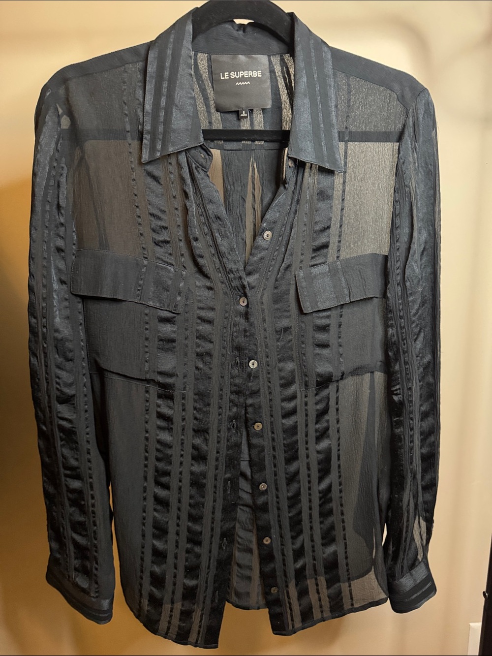 Le Superbe Women's Black Sheer Stripe Button-Down Shirt